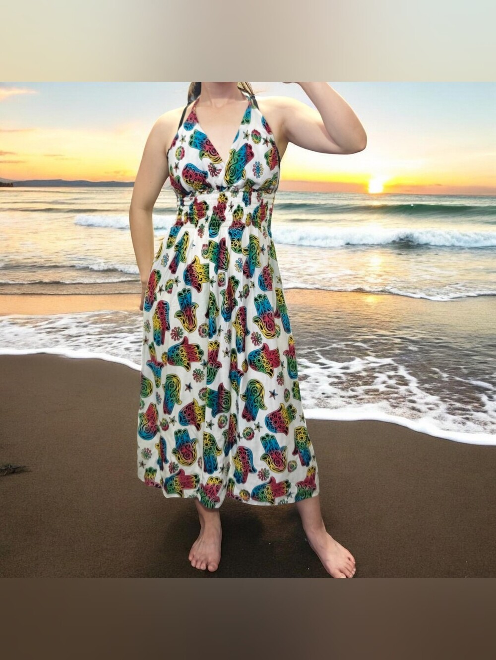 100% Rayon Multicolor Hamsa Print Summer Dress - White